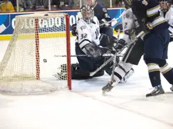 This shot hit the post and came back out, and after review was ruled a no-goal (photo: Candace Horgan).