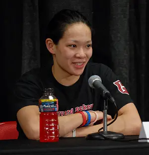 Julie Chu speaks in her final press conference after her quadruple overtime loss against the Wisconsin. The size of her smile after such a defeat is unprecedented.<br />John E. Van Barriger / <a href='http://words-photos.com'>words-photos.com</a>” /></p>
<div class=