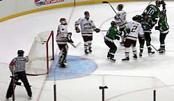 The Sioux celebrate their first goal Saturday.