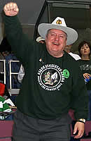 Al Pearson exhorts the Sioux faithful at Thursday's semifinal. (Photography by Ed Trefzger)