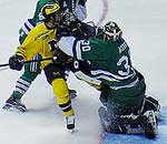 Goalie Peter Aubry and his Mercyhurst teammates battled Michigan to the bitter end (photos by Christopher Brian Dudek).