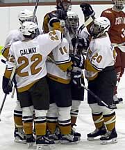 The RIT first-unit power play celebrates. L-R: Sam Hill, Jerry Galway, Derek Hahn, Peter Bournazakis, Mike Bournazakis.