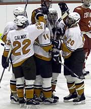 The RIT first-unit power play celebrates.  L-R: Sam Hill, Jerry Galway, Derek Hahn, Peter Bournazakis, Mike Bournazakis.