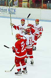 BU celebrates its first goal. (photos by Scott Weighart)