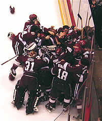 Harvard celebrates its ECAC playoff title.