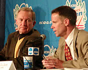 NCAA President Cedric Dempsey (l.), who is retiring after this year, appeared at the Frozen Four to discuss hockey's future. NCAA Director of Championships Tom Jacobs was there as well (photo: Ed Trefzger)