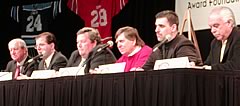 The six D-I hockey commissioners: (L to R) Peters, CHA; Hagwell, ECAC; Ensor, MAAC; Bertagna, Hockey East; Anastos, CCHA; McLeod, WCHA,