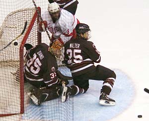 Cornell was all over the net much of the net, but found a tough time getting rebounds past Yann Danis.