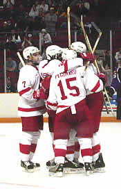 Cornell celebrates after Shane Hynes' game-winning goal (Photo: Jim Connelly)