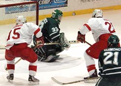 Darren Gastrock (in net) and Dan Yacey contend for the Big Green's goaltending minutes this season (photo: eLynah.com).