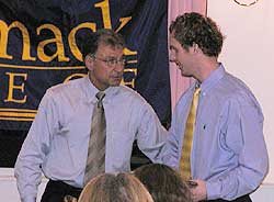 Joe Exter accepts one of his multiple awards at the Merrimack hockey banquet last week.