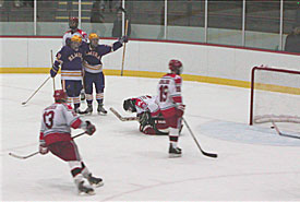 Manhattanville goalie Jay Chrapala gives up game-winning goal as Elmira celebrates.