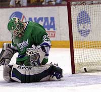 Andy Franck gives up a goal here to Minnesota, but his Lakers are the favorites in Atlantic Hockey (photo: Jason Waldowski).