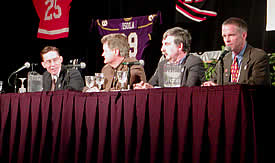Friday's panel at the USCHO.com's Town Hall Meeting (from left): Ian McCaw, Ron Grahame, Wayne Dean and Tom Jacobs (photos: Ed Trefzger).