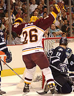 Vanek celebrates his NCAA Championship winning goal (photo: Talya Arbisser)