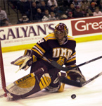 Third-team All-WCHA goalie Isaac Reichmuth backstops the Bulldogs (photo: Jason Waldowski).