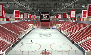 An computer artist's rendering of the inside of the soon-to-be completed Harry Agganis Arena at BU.