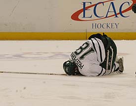 Dartmouth's Eric Przepiorka had a tough night, getting hurt from a Dave McCulloch hit, then later, giving the puck away to McCulloch for the game's first goal.