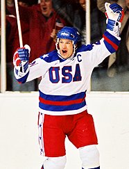 Patrick O'Brien Demsey, playing BU's Mike Eruzione, reacts in the scene of the famous winning goal against the Soviets.