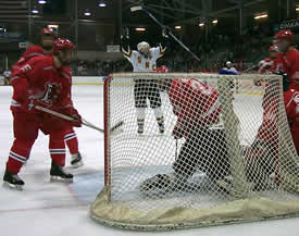 St. Norbert's Jason Deitsch celebrates a goal in the 2004 semifinal.