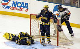 Michigan goalie Al Montoya reacts to allowing the game-winning OT goal.