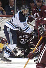 Greg Moore battles in front of the Harvard net (photo: Timothy McDonald).