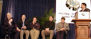 The Town Hall panel. L-R: Tim Taylor, Jim Tortorella, Blaise MacDonald, Tom Anastos, Joe Bertagna, USCHO.com's Jayson Moy (photos: Kelly McGinnis).
