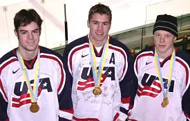 Wearing their WJC gold medals are (from left) Drew Stafford, Zach Parise and Brady Murray (photos: Patrick C. Miller).