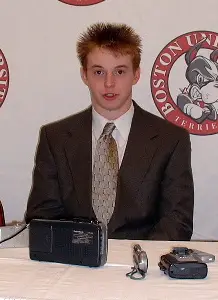 BU netminder John Curry answers questions postgame.