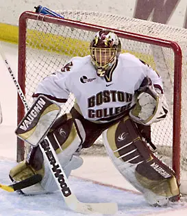 Cory Schneider couldn't prevent BC from falling behind early against UND Saturday (photos: Melissa Wade).