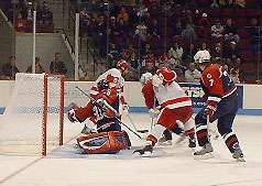 A scramble in front just before BU's third goal (photo: Scott Weighart).