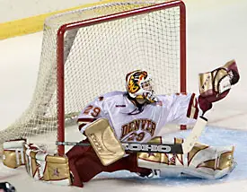 Frozen Four Most Outstanding Player Peter Mannino is back in net for the two-time defending champs (photo: Melissa Wade).