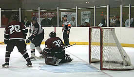 Greg Gallagher's power-play goal in the third cut Potsdam's lead to 4-3 (photos: Russell Jaslow)