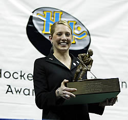 Sarah Carlson accepts the Hockey Humanitarian Award at Nationwide Arena (photo: Melissa Wade).