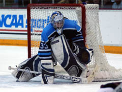 Black Bear netminder Jimmy Howard makes a stop in Saturday's West Regional semifinal (photo: Jason Waldowski).