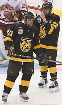 Colorado College, led by Brett Sterling (l.) and Marty Sertich, can make plans for the NCAA tournament, but the Tigers' numbers aren't likely to get them a No. 1 seed when it's all said and done (photo: Melissa Wade).