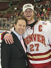 DU coach George Gwozdecky and Matt Laatsch after April's repeat NCAA title (photo: Pedro Cancel).