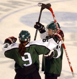 Dartmouth's Meagan Walton and Cherie Piper celebrate Dartmouth's second goal.