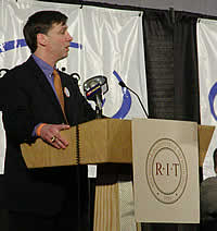 RIT head coach Wayne Wilson at the press conference announcing RIT's admission to Atlantic Hockey (photo: Ed Trefzger).