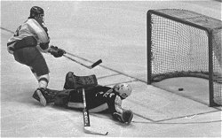 George Servinis scores the winning goal against Chris Terreri in the NCAA title game.