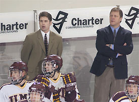 UMD head coach Scott Sandelin (right, with assistant coach Steve Rohlik) could preside over the WCHA's darkhorse team this season. 