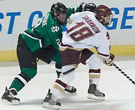 UND captain Matt Greene stays close to his BC counterpart, Ryan Shannon