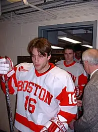 Peter MacArthur and Matt Radoslovich leave the Walter Brown Arena locker room for one last game (photos: Scott Weighart).