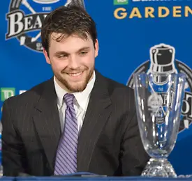 Peter MacArthur greets the press with his MVP Trophy. (photo: Melissa Wade)