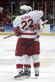 Dan Glover and Matt Moulson (hidden) celebrate during Cornell's third-period comeback (photos: Ryan Coleman).