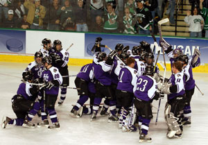 Holy Cross celebrates its ouster of Minnesota (photo: Jason Waldowski).