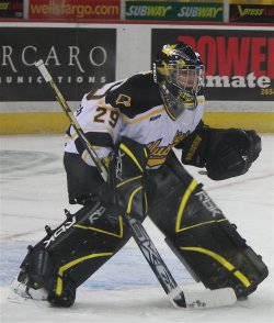 Michael-Lee Teslak is one-half of Michigan Tech's capable netminding duo (photo: Jayson Moy).