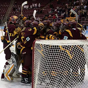 Minnesota celebrates its NCAA semifinal win over New Hampshire. (Photo: Ryan Coleman)