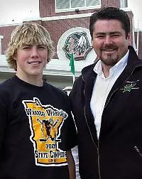 T.J. (in a Warroad Warriors shirt) and father Tim Oshie (photo: Patrick C. Miller).