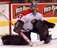 Bobby Goepfert was in net Saturday for St. Cloud State against Wisconsin in the WCHA third-place game (photo: Jason Waldowski).